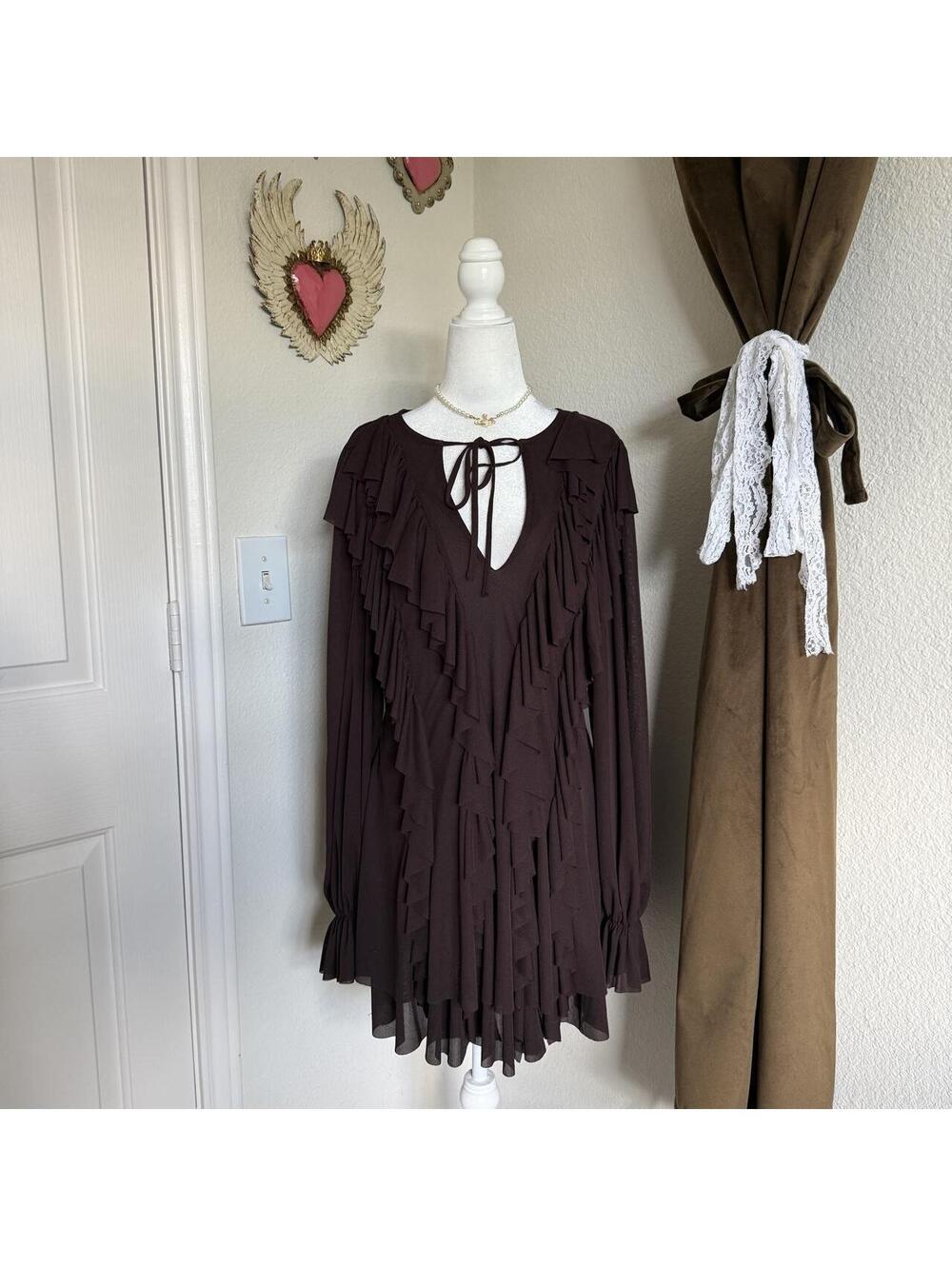 Zara Chocolate Brown Ruffle Keyhole Long Sleeve Boho Mini Dress Women's M